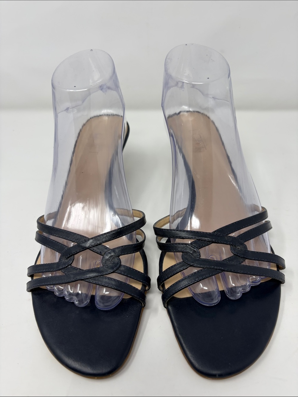 Ann Taylor LOFT Navy Blue Multi-Strap Slide Wood Kitten Heel Sandals Size 9